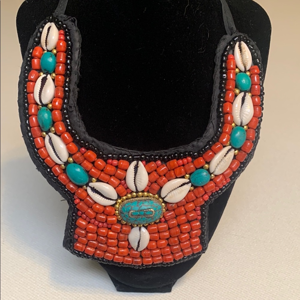 Handcrafted African Coral and Turquoise Cowrie Shell Beaded Tribal Necklace.